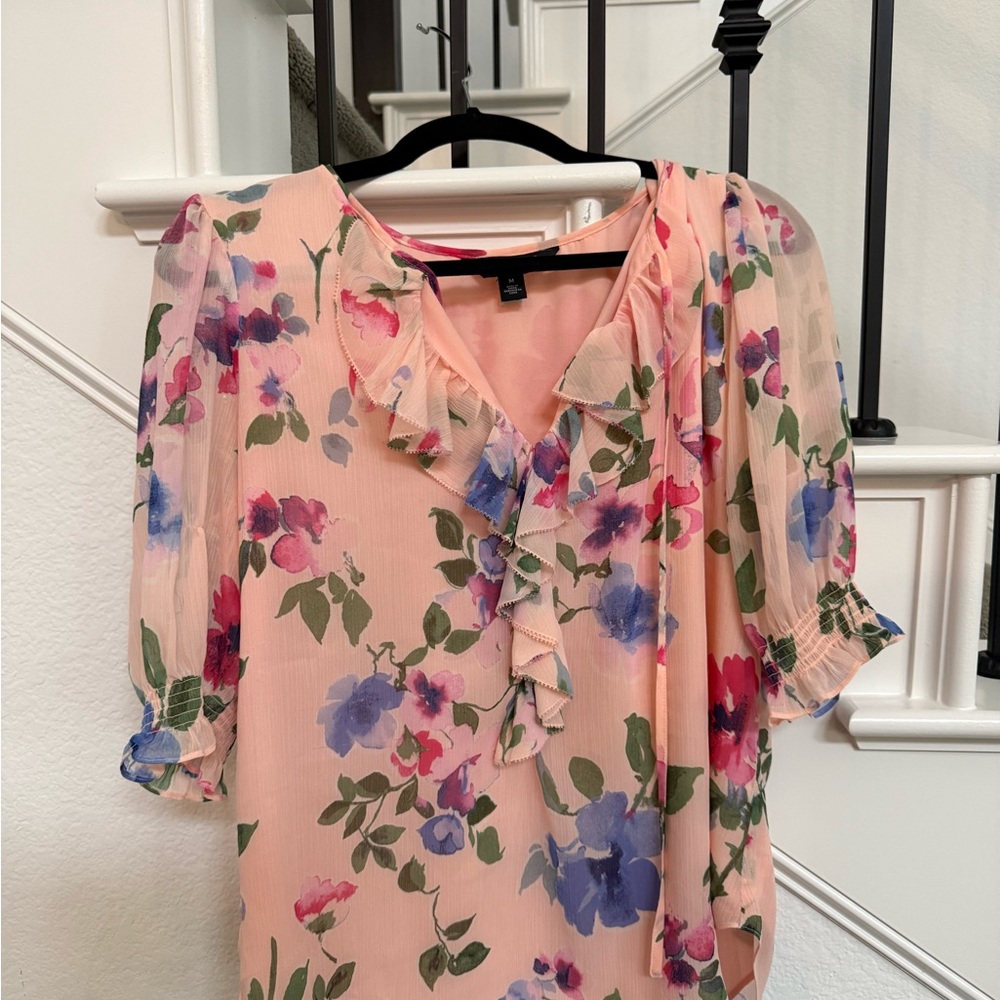 Lauren Ralph Lauren Peach Floral Ruffle V-Neck Blouse